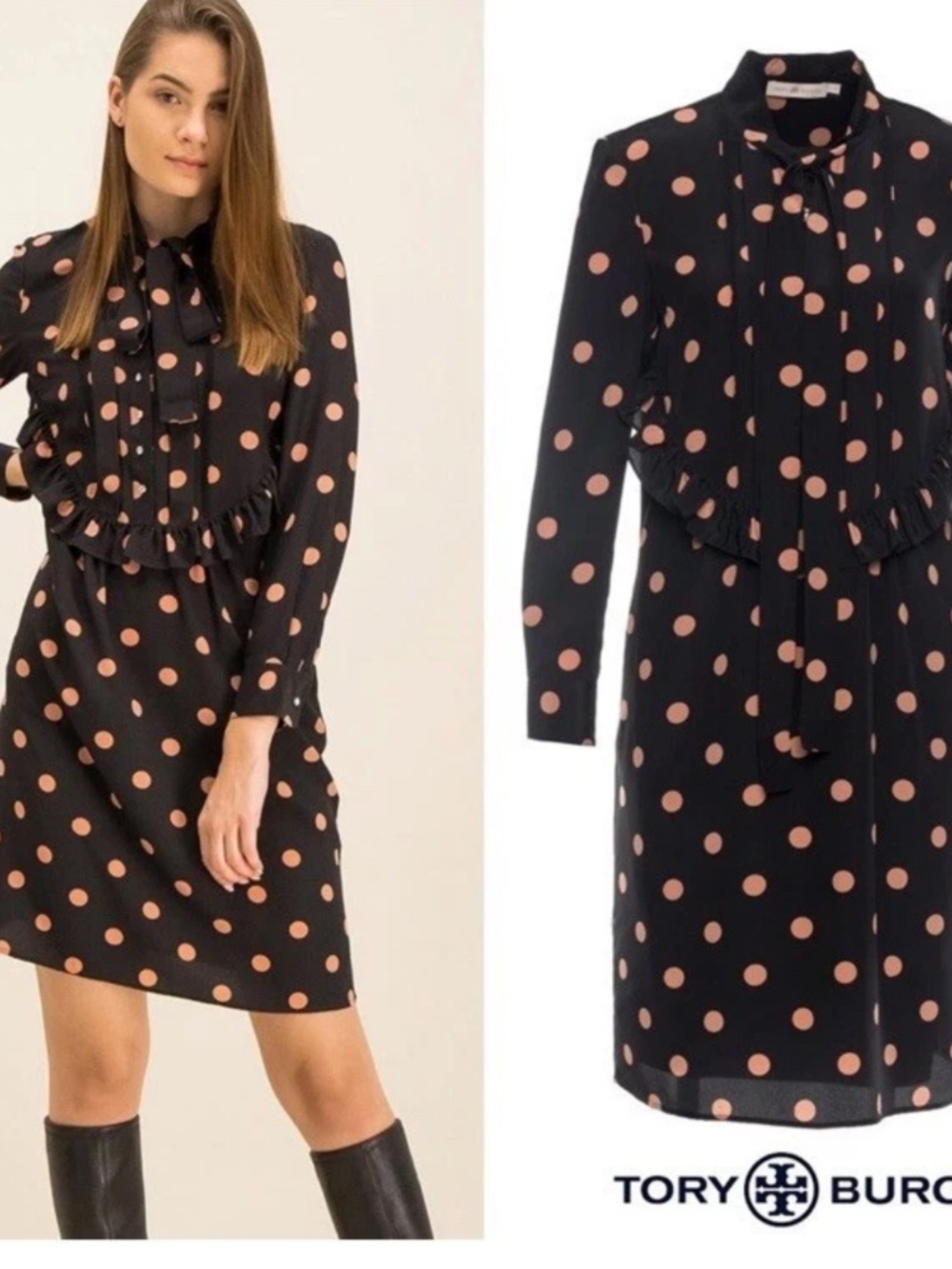 Tory Burch Black Polka Dot 100% silk Ruffle Tie Neck Nee Length Dress